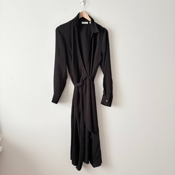 Aritzia Babaton Petra Wrap Tie Midi Dress Matte Satin Black Size Medium - Picture 6 of 10